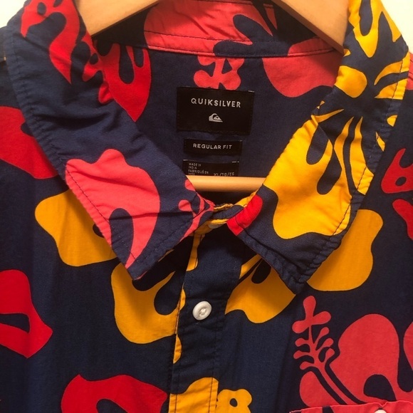 Quiksilver Mens Colorful Button Down Hawaiian SS Shirt Sz XL Red Navy Orange - Picture 4 of 7